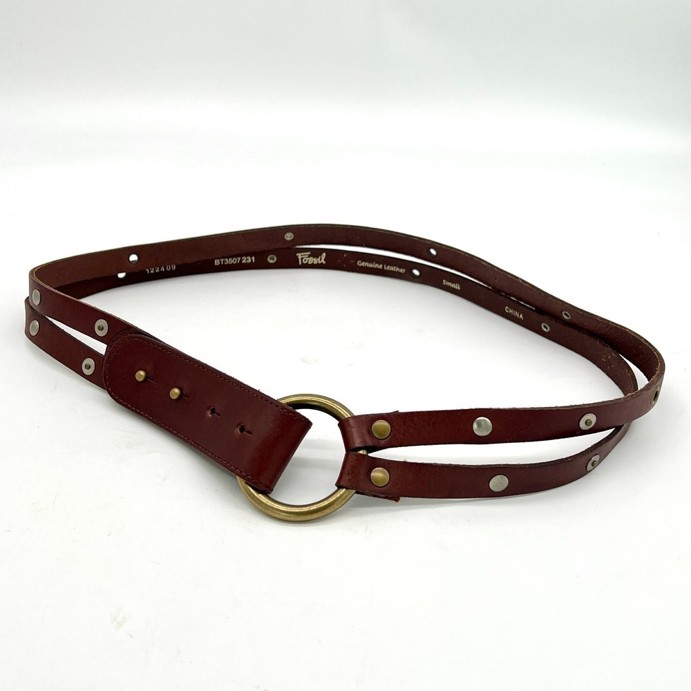 Fossil Womens Sz S Brown Leather Belt Studded Ring Loop Closure Double Strap New - Picture 2 of 5